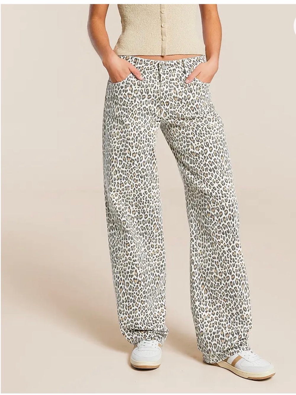 Wide Leg Leopard Print Jeans - Cream
